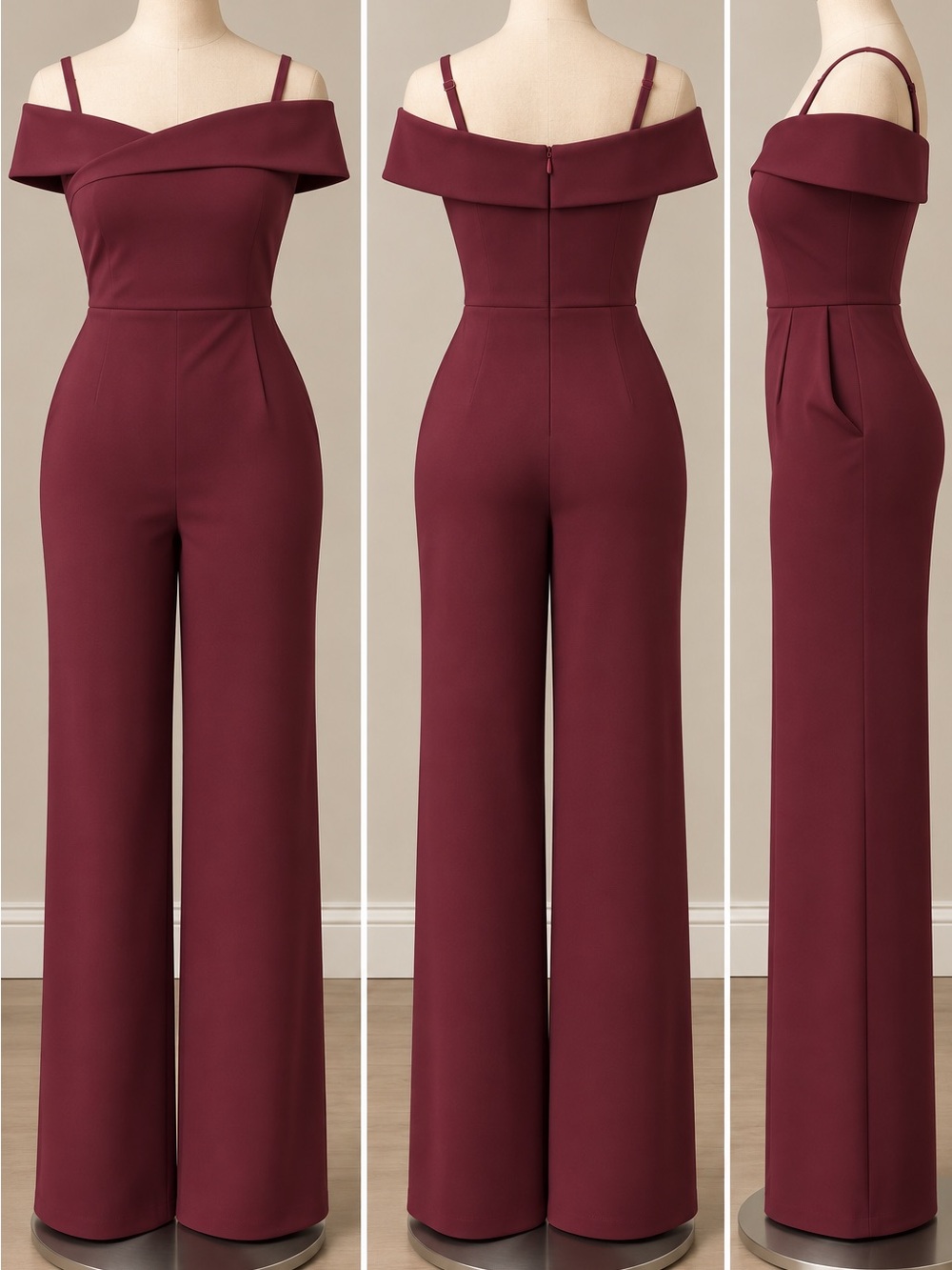 le chateau Off-Shoulder Wide-Leg Jumpsuit — Burgundy
